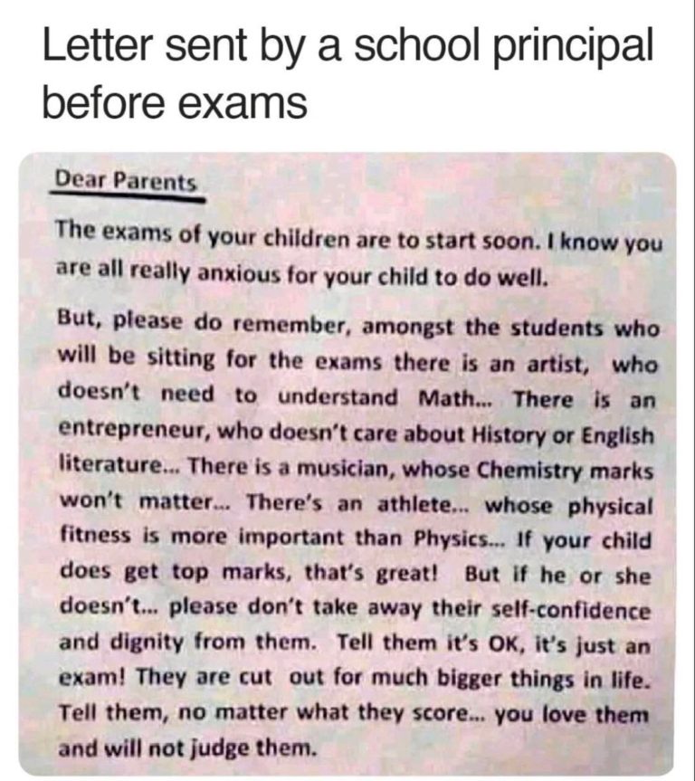 picture of letter sent by school principal before exams