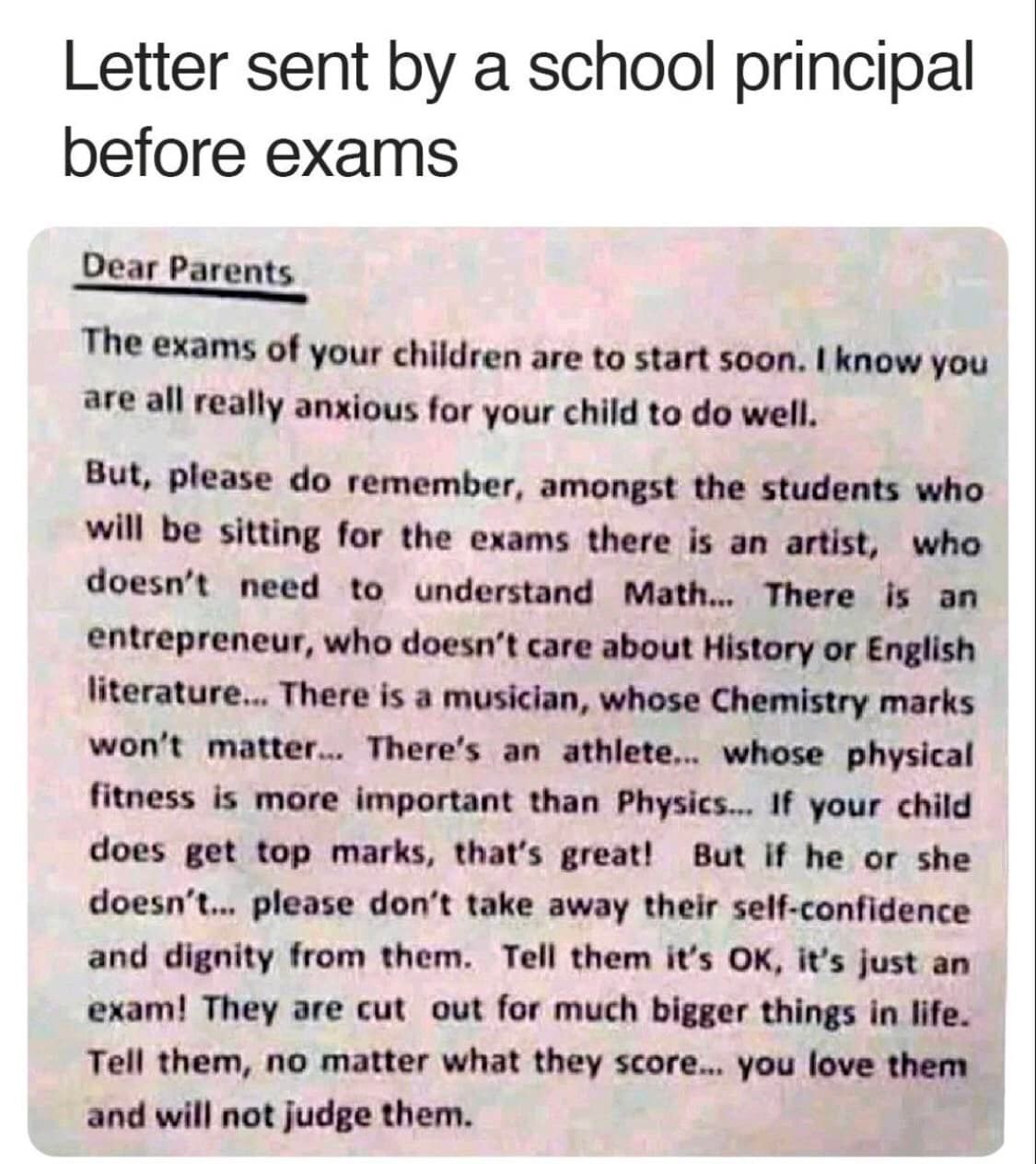 picture of letter sent by school principal before exams